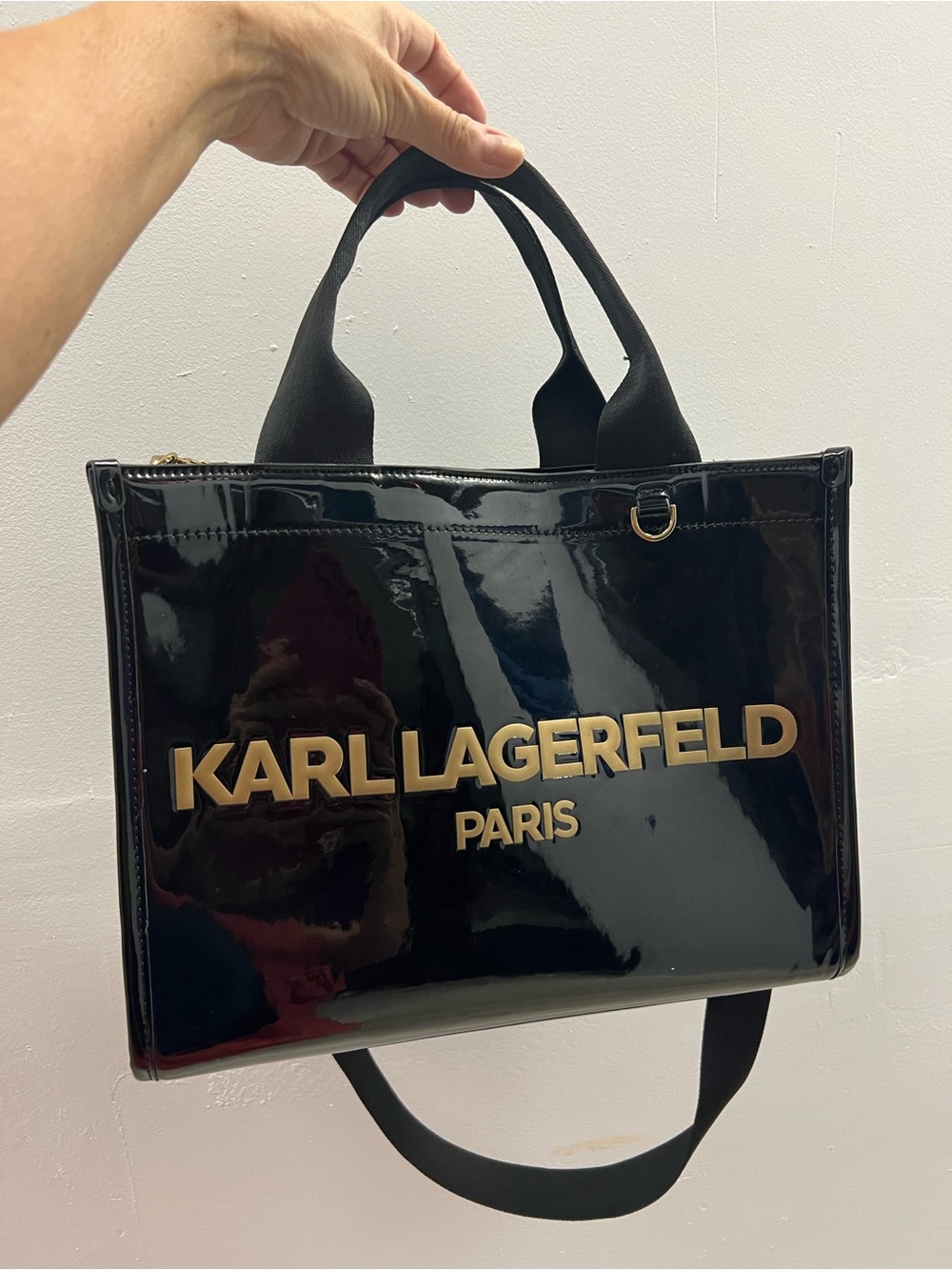 Karl Lagerfeld Black Patent Tote with Gold Logo